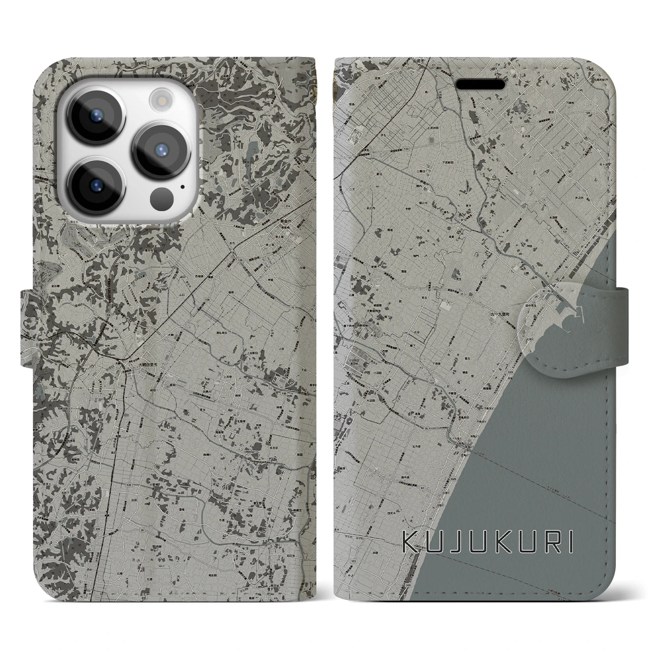 【九十九里(千葉県)】地図柄iPhoneケース(手帳タイプ)モノトーン・iPhone 14 Pro 用