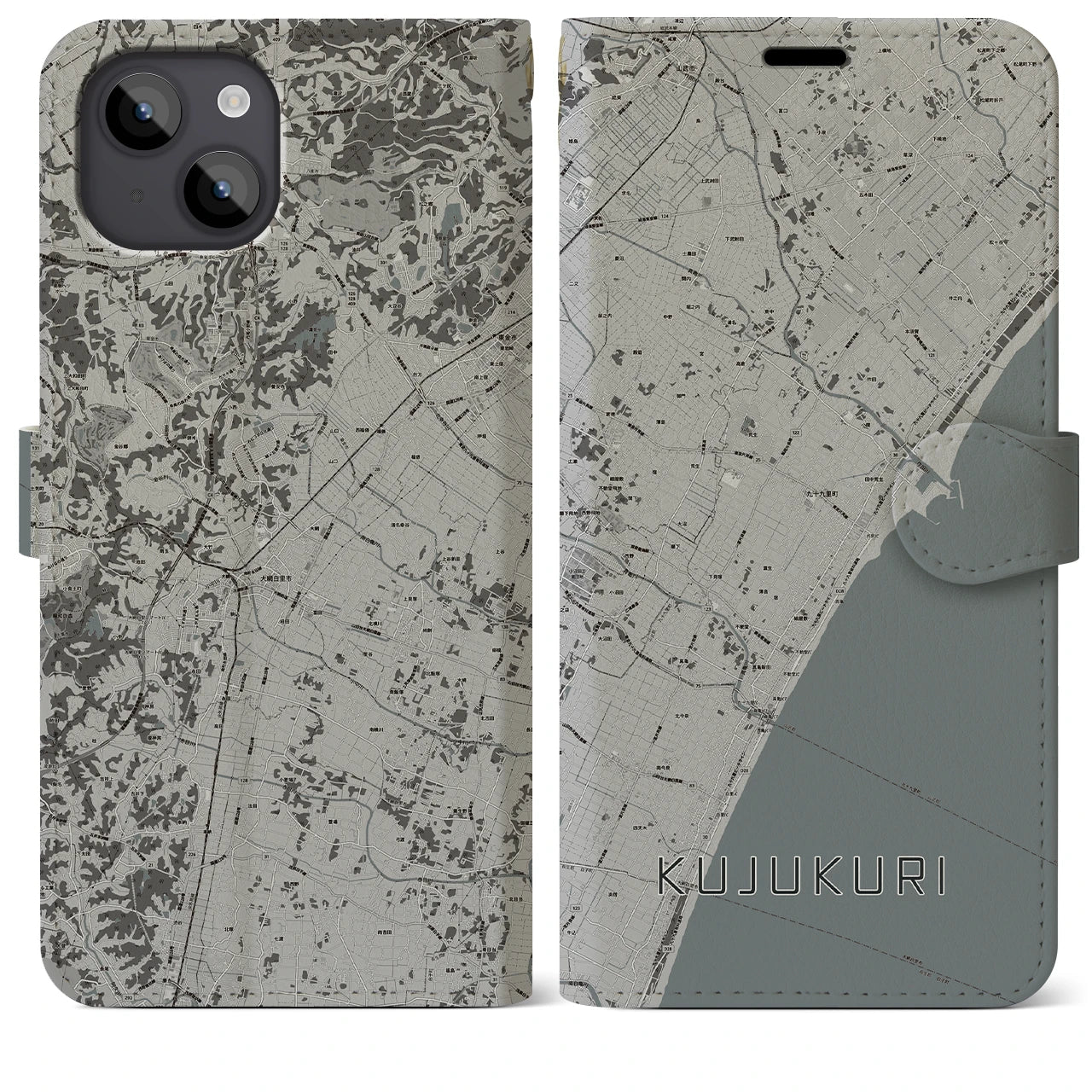 【九十九里(千葉県)】地図柄iPhoneケース(手帳タイプ)モノトーン・iPhone 14 Plus 用