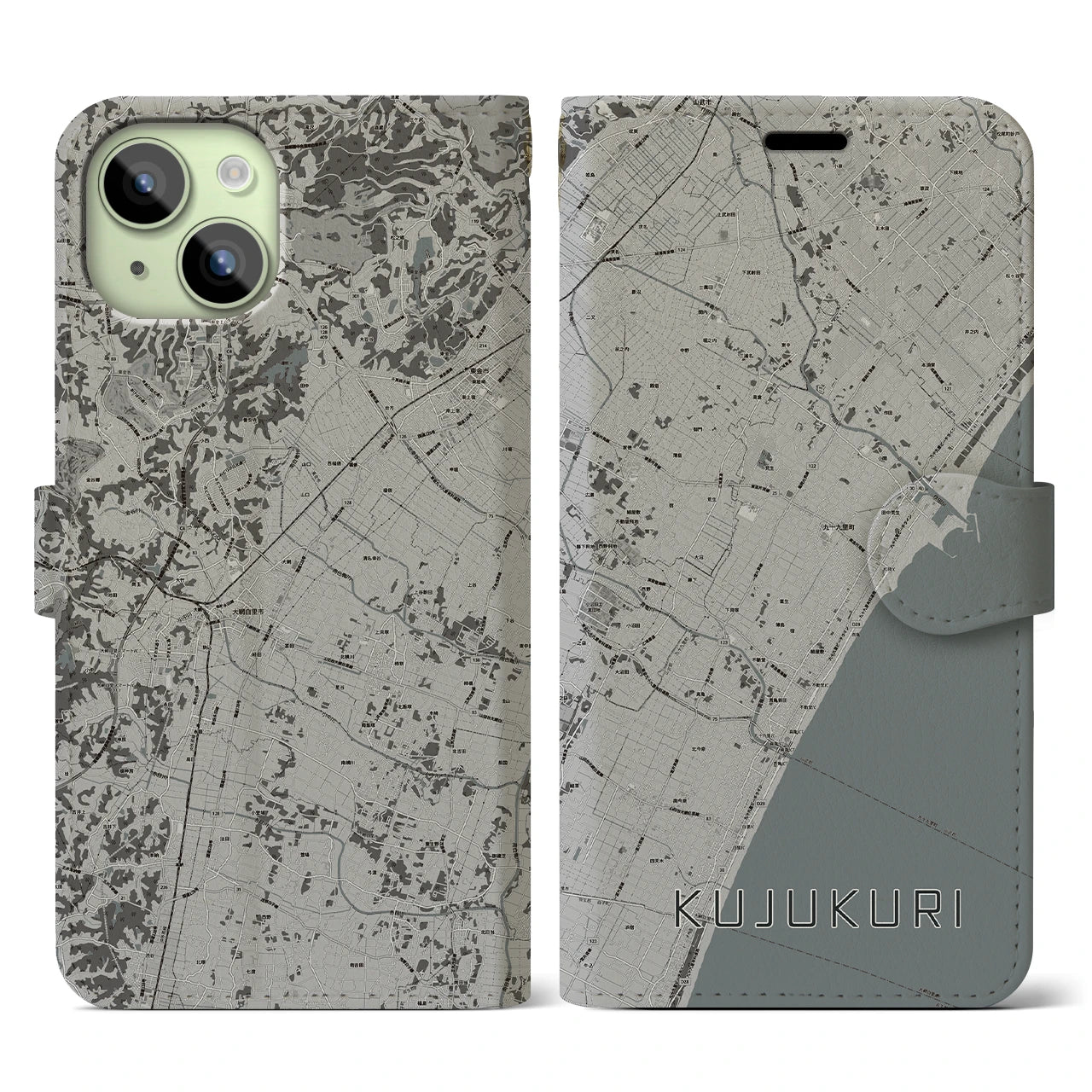 【九十九里(千葉県)】地図柄iPhoneケース(手帳タイプ)モノトーン・iPhone 15 用