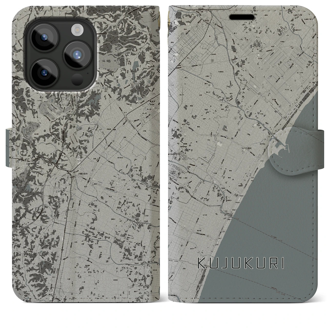 【九十九里(千葉県)】地図柄iPhoneケース(手帳タイプ)モノトーン・iPhone 15 Pro Max 用