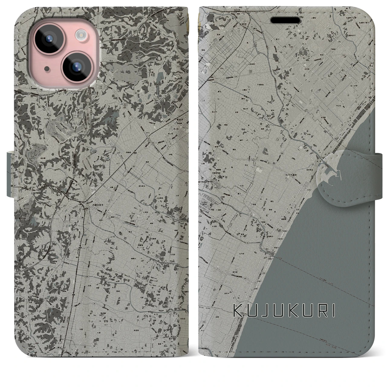 【九十九里(千葉県)】地図柄iPhoneケース(手帳タイプ)モノトーン・iPhone 15 Plus 用