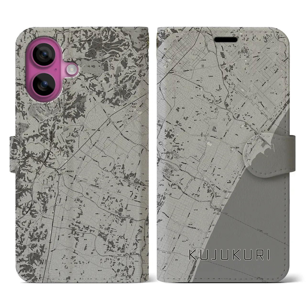 【九十九里(千葉県)】地図柄iPhoneケース(手帳タイプ)モノトーン・iPhone 16 Pro 用