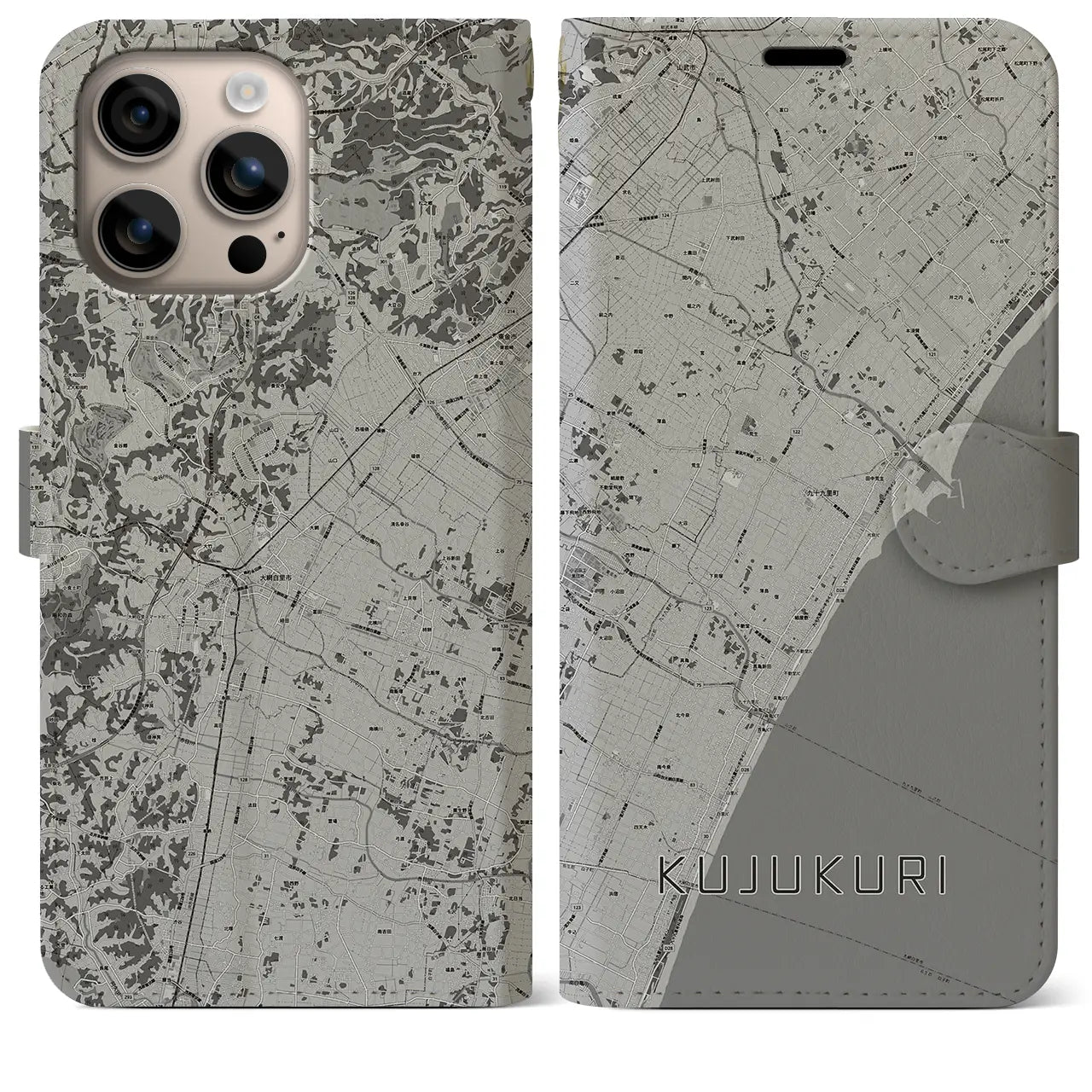 【九十九里(千葉県)】地図柄iPhoneケース(手帳タイプ)モノトーン・iPhone 16 Plus 用