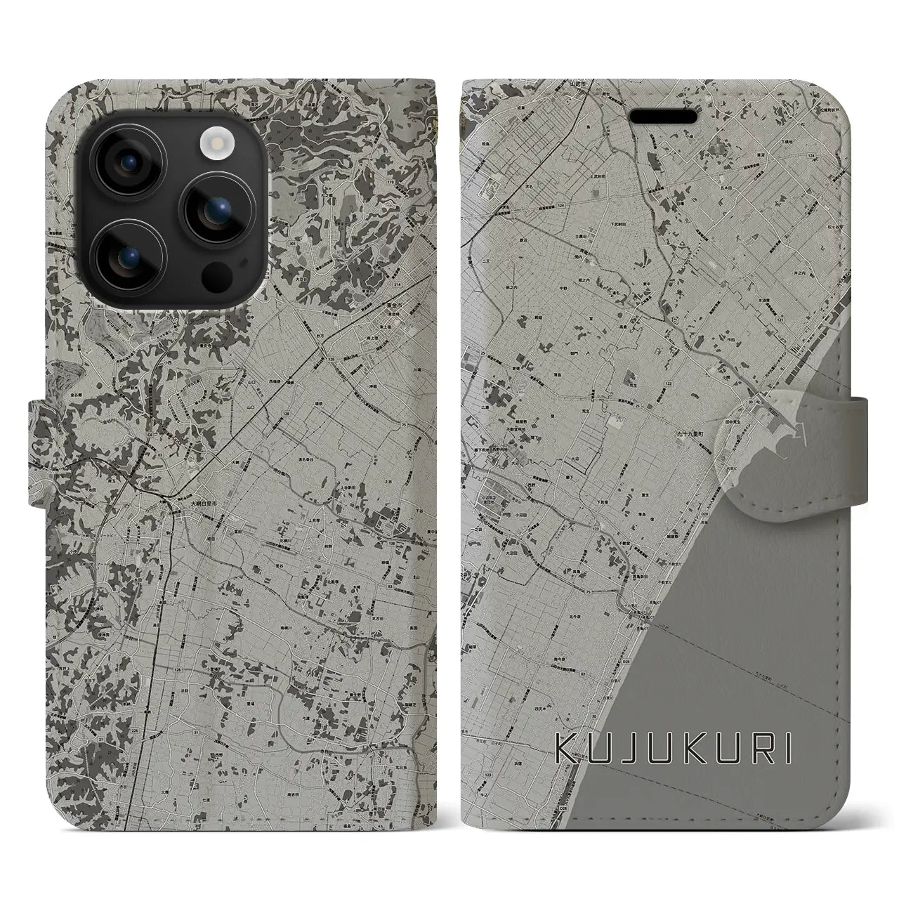 【九十九里(千葉県)】地図柄iPhoneケース(手帳タイプ)モノトーン・iPhone 16 用