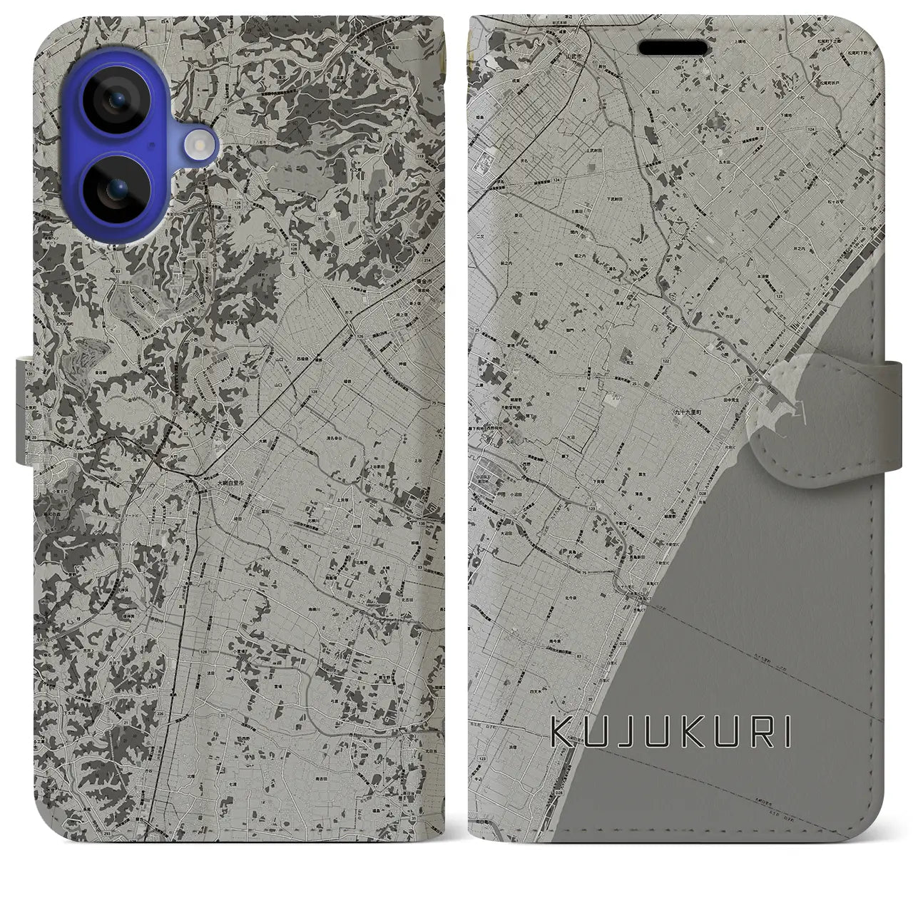 【九十九里(千葉県)】地図柄iPhoneケース(手帳タイプ)モノトーン・iPhone 16 Pro Max 用