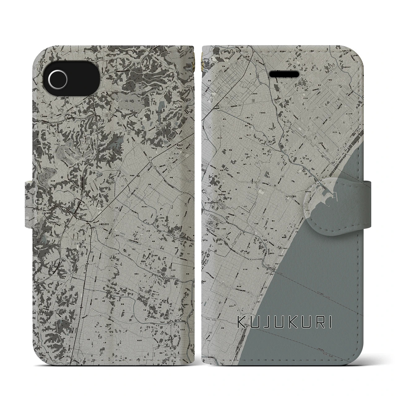 【九十九里(千葉県)】地図柄iPhoneケース(手帳タイプ)モノトーン・iPhone SE(第3 / 第2世代) / 8 / 7 / 6s / 6 用