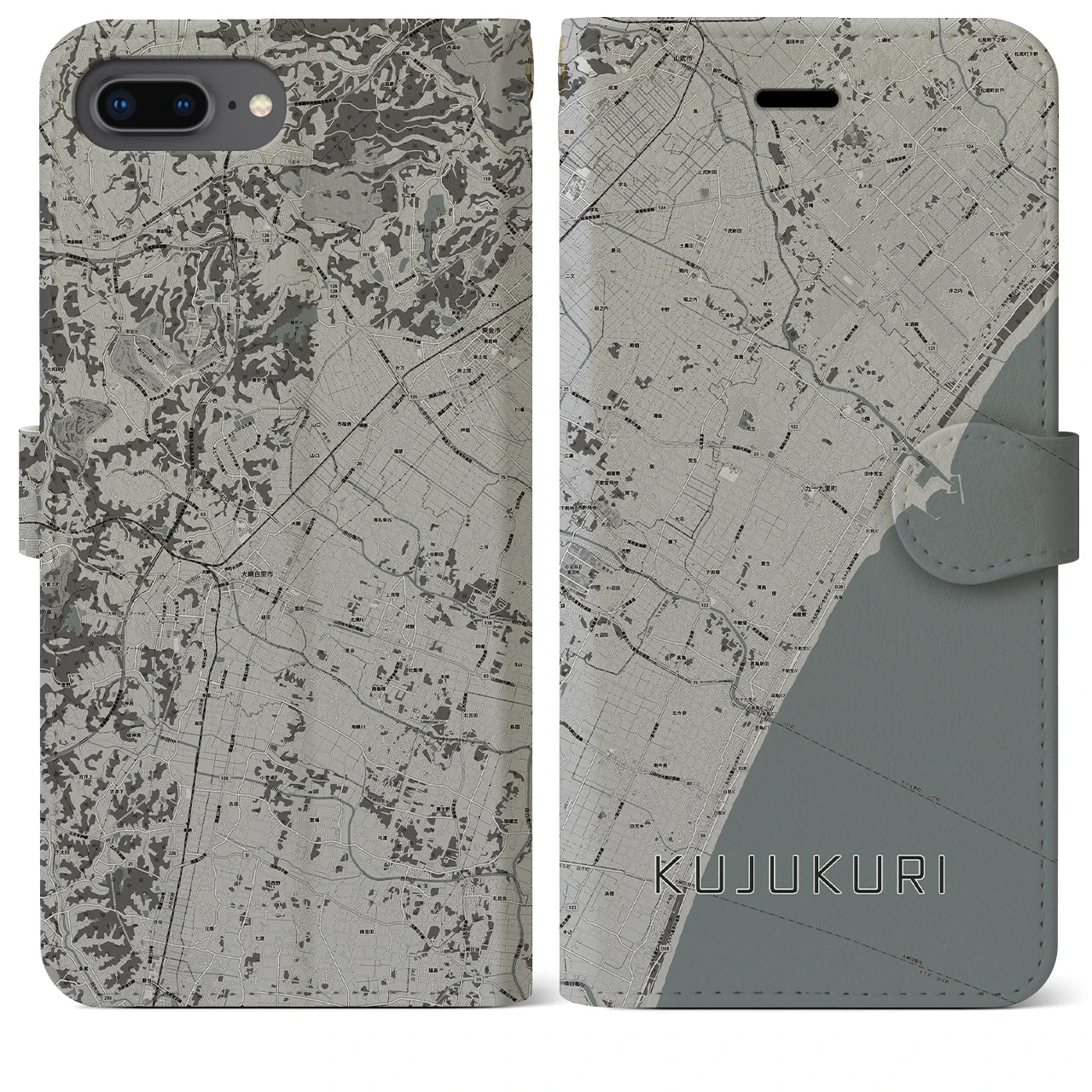 【九十九里(千葉県)】地図柄iPhoneケース(手帳タイプ)モノトーン・iPhone 8Plus /7Plus / 6sPlus / 6Plus 用