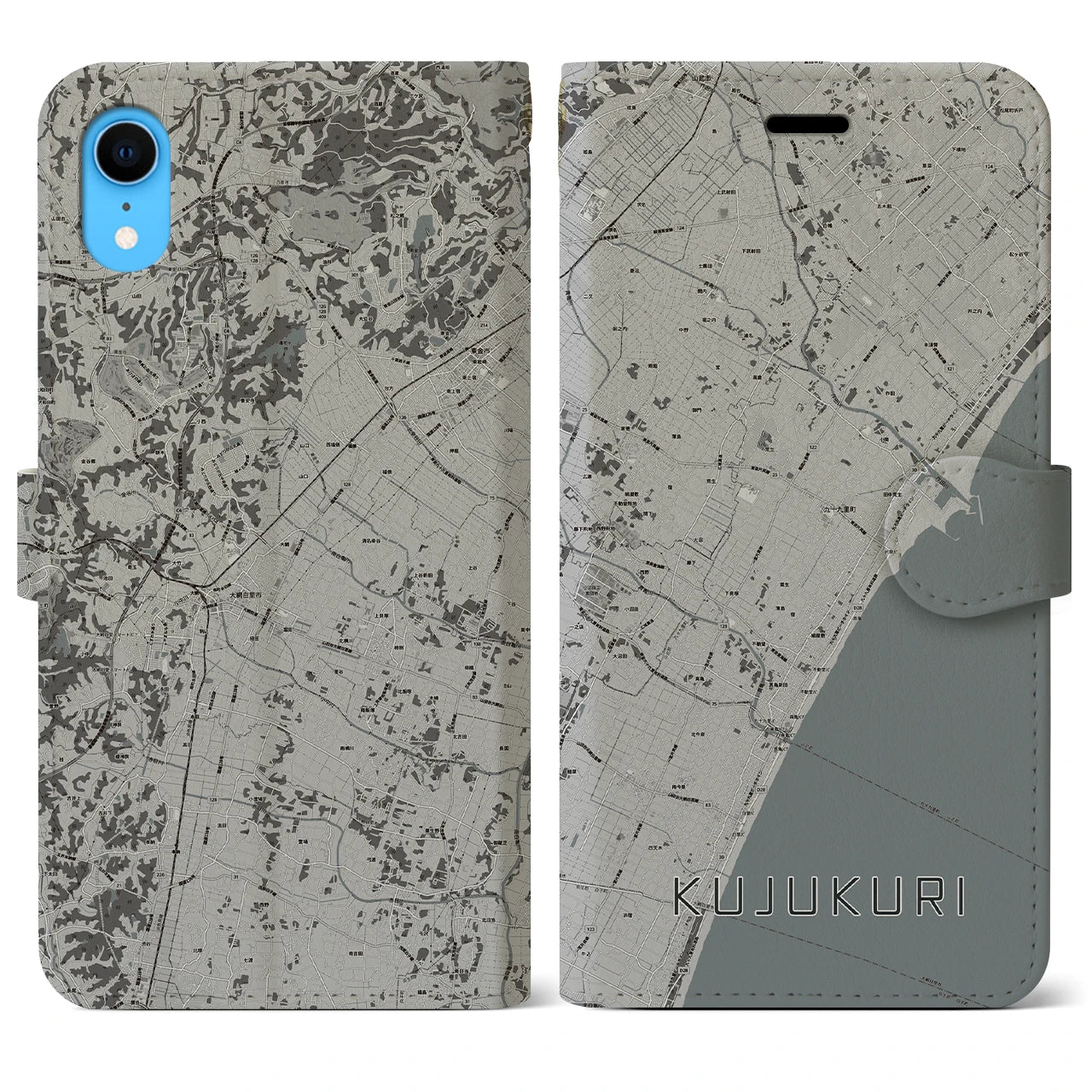 【九十九里(千葉県)】地図柄iPhoneケース(手帳タイプ)モノトーン・iPhone XR 用