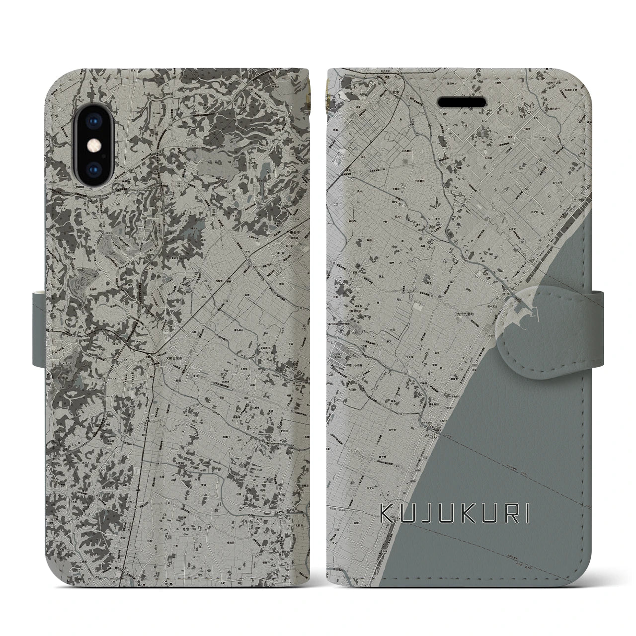 【九十九里(千葉県)】地図柄iPhoneケース(手帳タイプ)モノトーン・iPhone XS / X 用