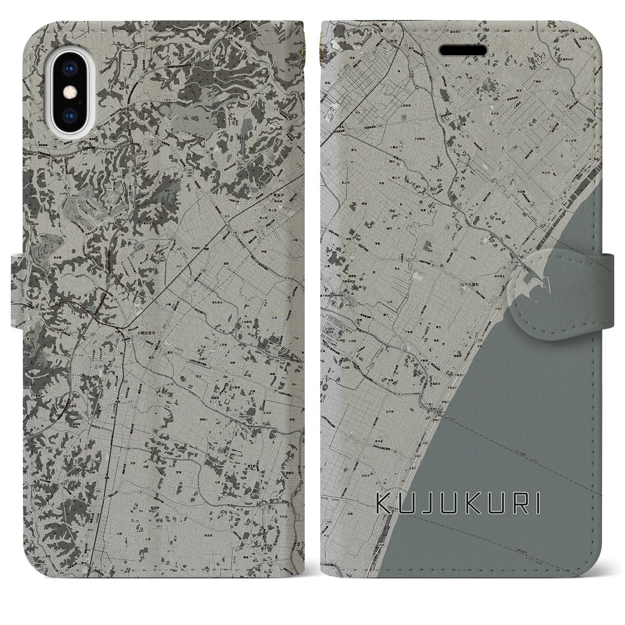 【九十九里(千葉県)】地図柄iPhoneケース(手帳タイプ)モノトーン・iPhone XS Max 用