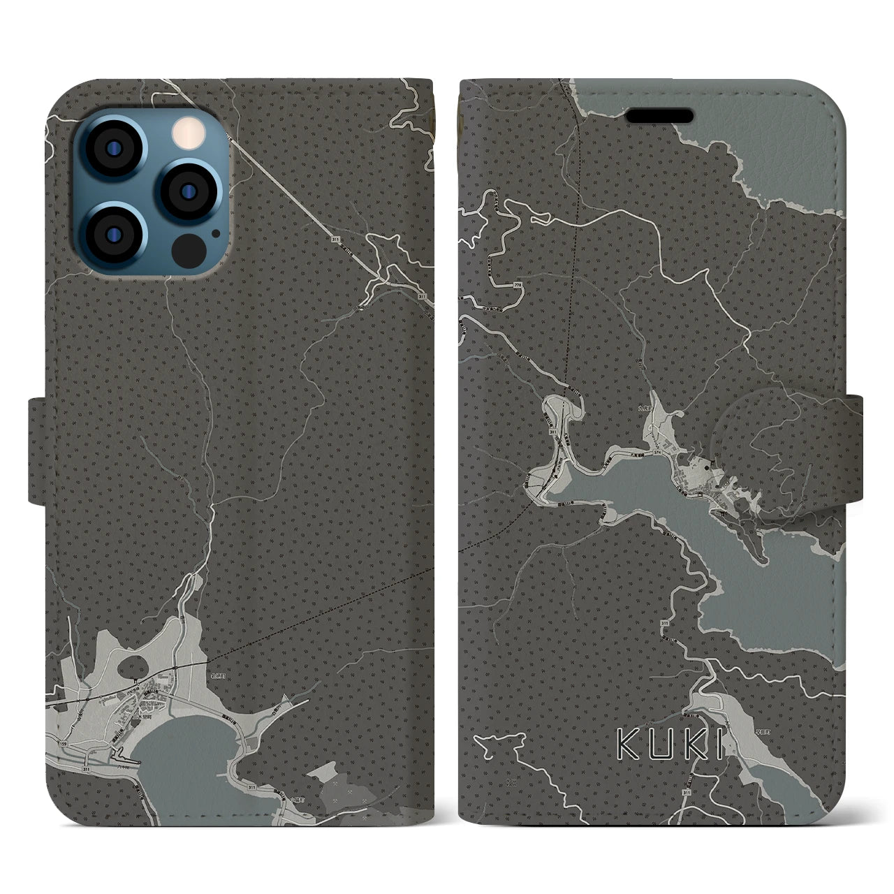 【九鬼(三重県)】地図柄iPhoneケース(手帳タイプ)モノトーン・iPhone 12 / 12 Pro 用
