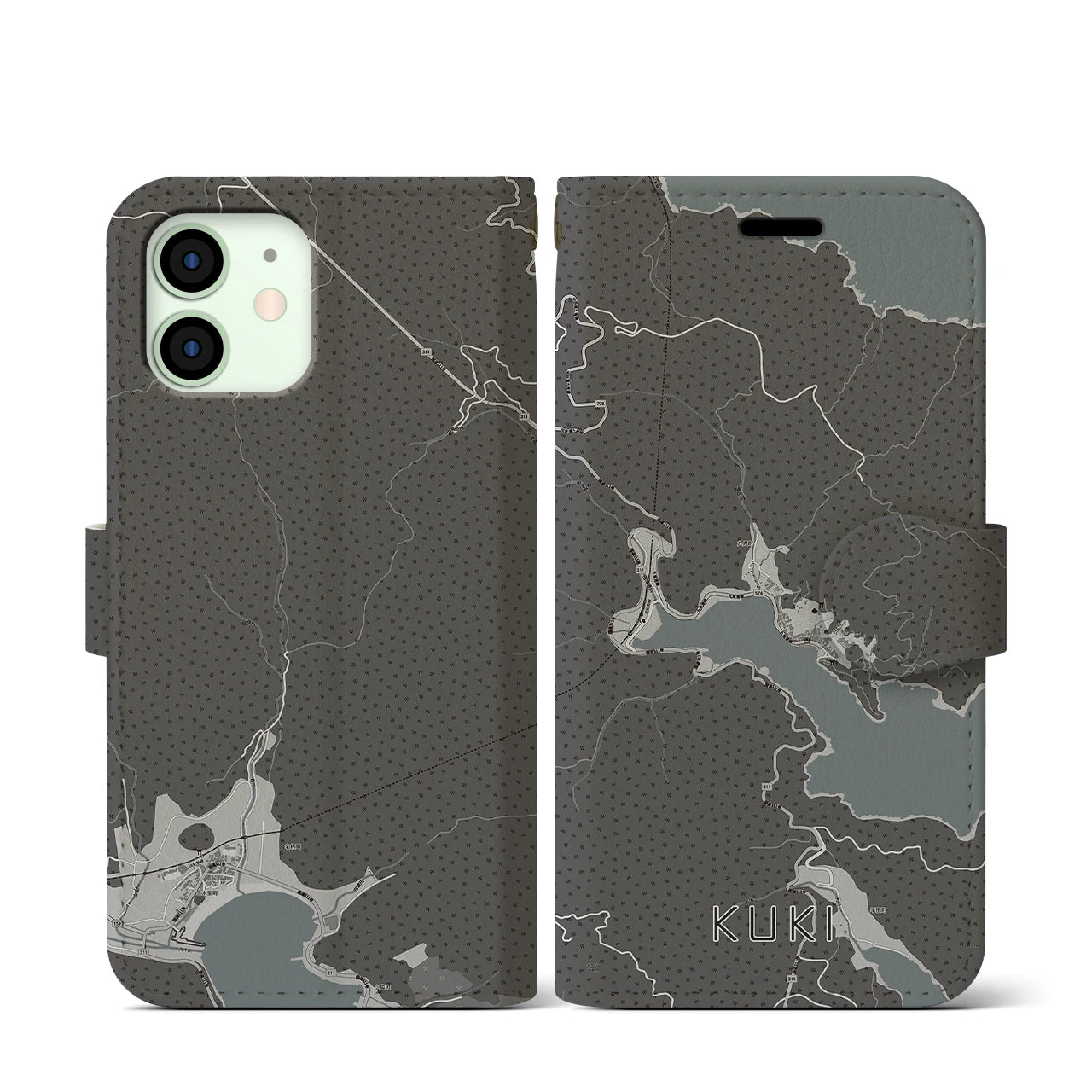 【九鬼(三重県)】地図柄iPhoneケース(手帳タイプ)モノトーン・iPhone 12 mini 用
