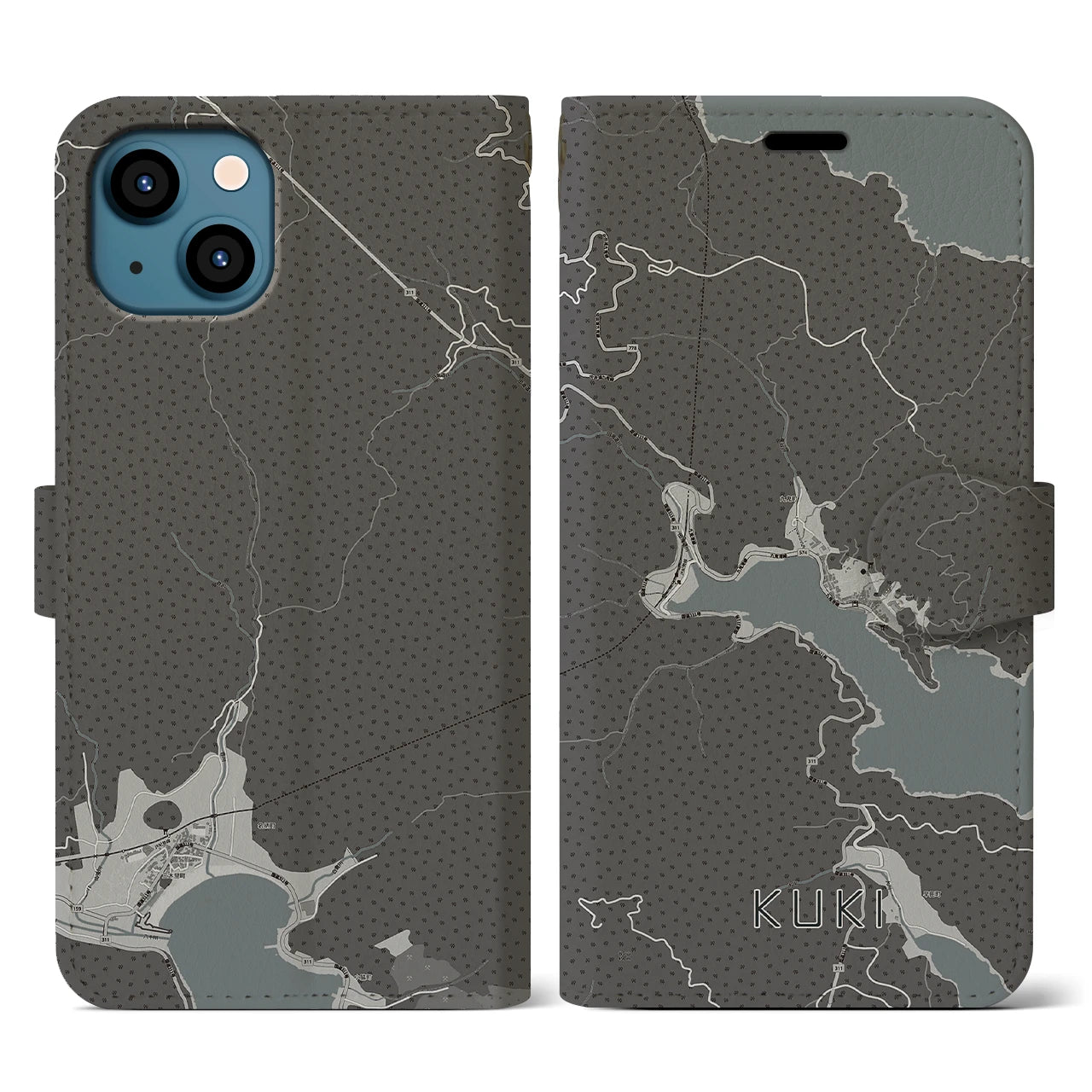 【九鬼(三重県)】地図柄iPhoneケース(手帳タイプ)モノトーン・iPhone 13 用