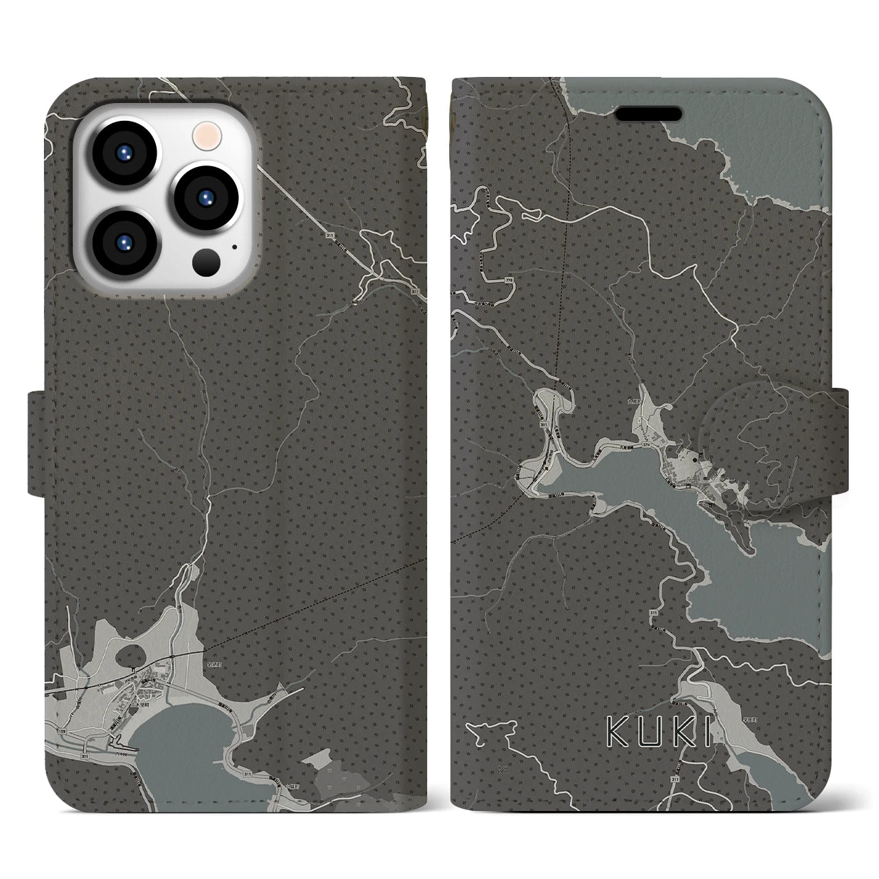【九鬼(三重県)】地図柄iPhoneケース(手帳タイプ)モノトーン・iPhone 13 Pro 用