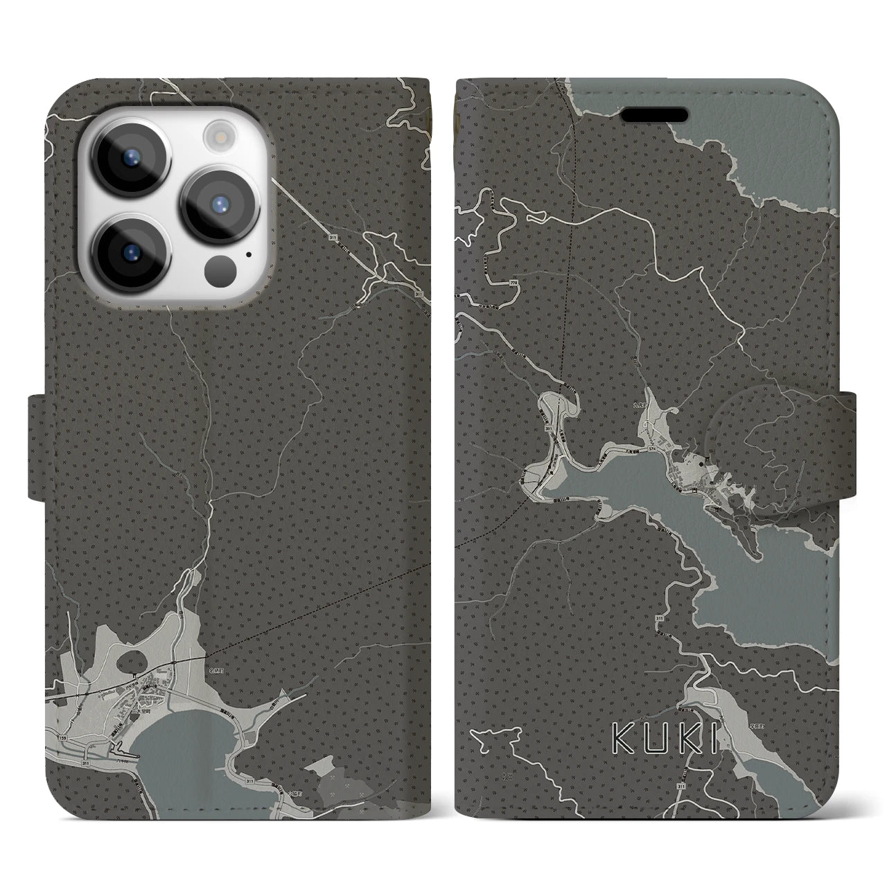 【九鬼(三重県)】地図柄iPhoneケース(手帳タイプ)モノトーン・iPhone 14 Pro 用