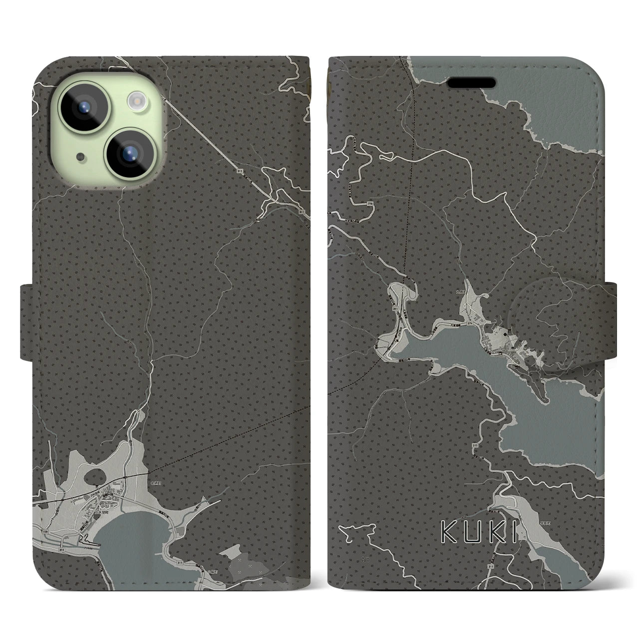【九鬼(三重県)】地図柄iPhoneケース(手帳タイプ)モノトーン・iPhone 15 用