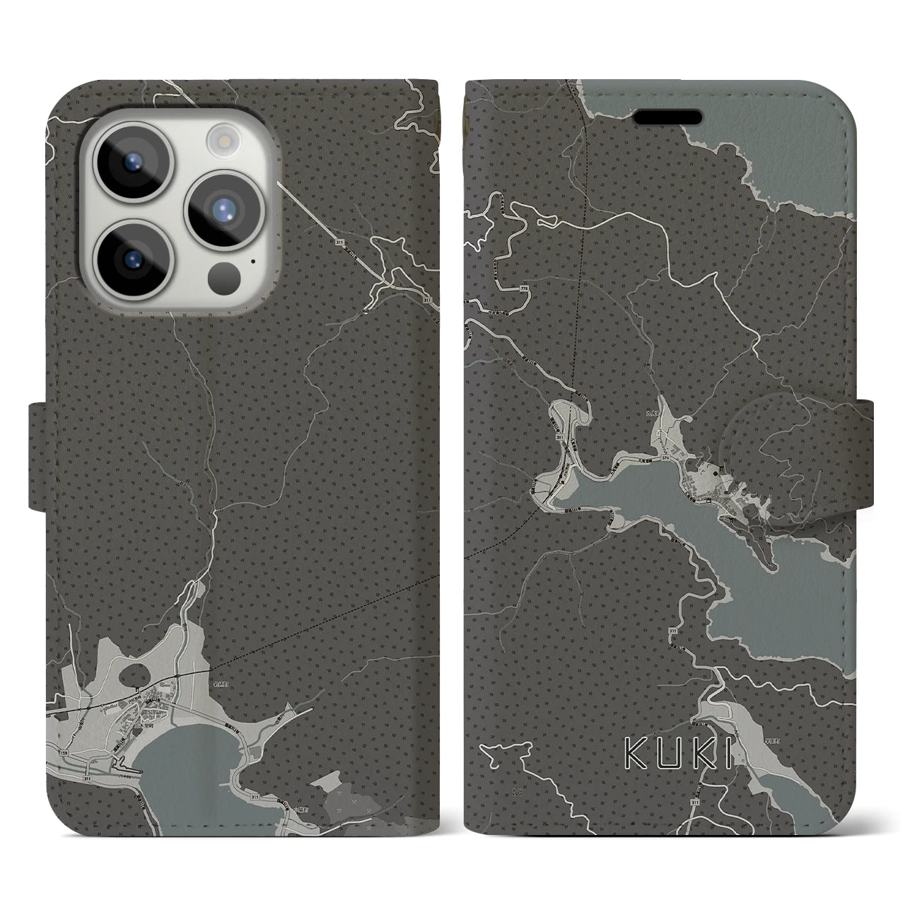 【九鬼(三重県)】地図柄iPhoneケース(手帳タイプ)モノトーン・iPhone 15 Pro 用