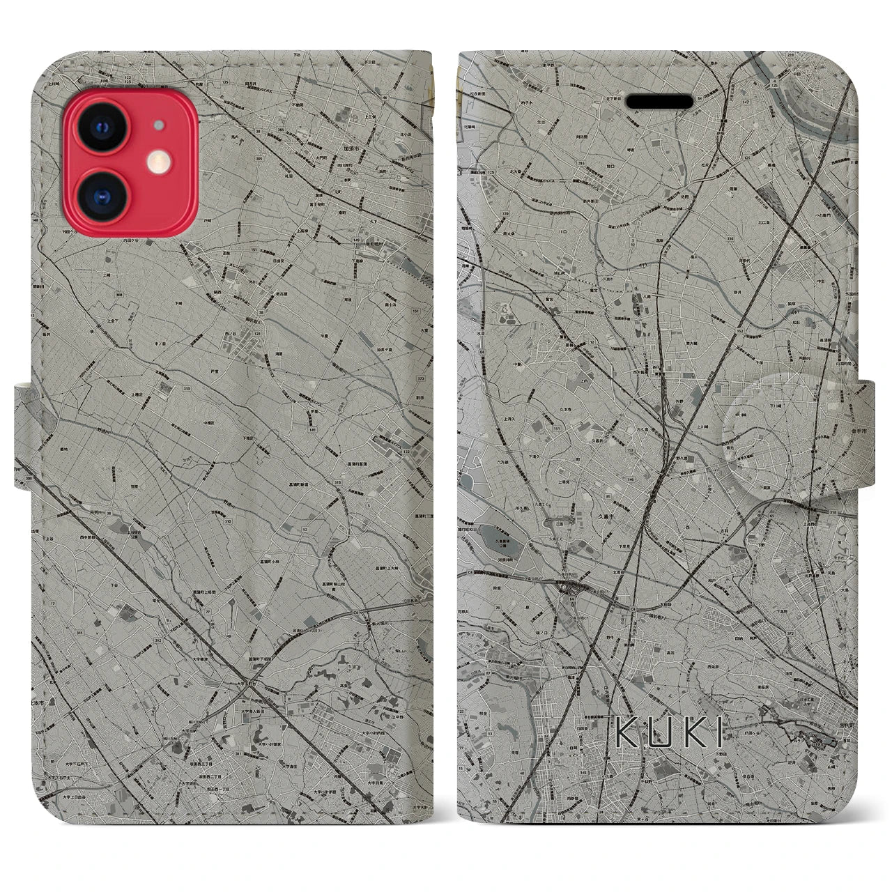 【久喜(埼玉県)】地図柄iPhoneケース(手帳タイプ)モノトーン・iPhone 11 用