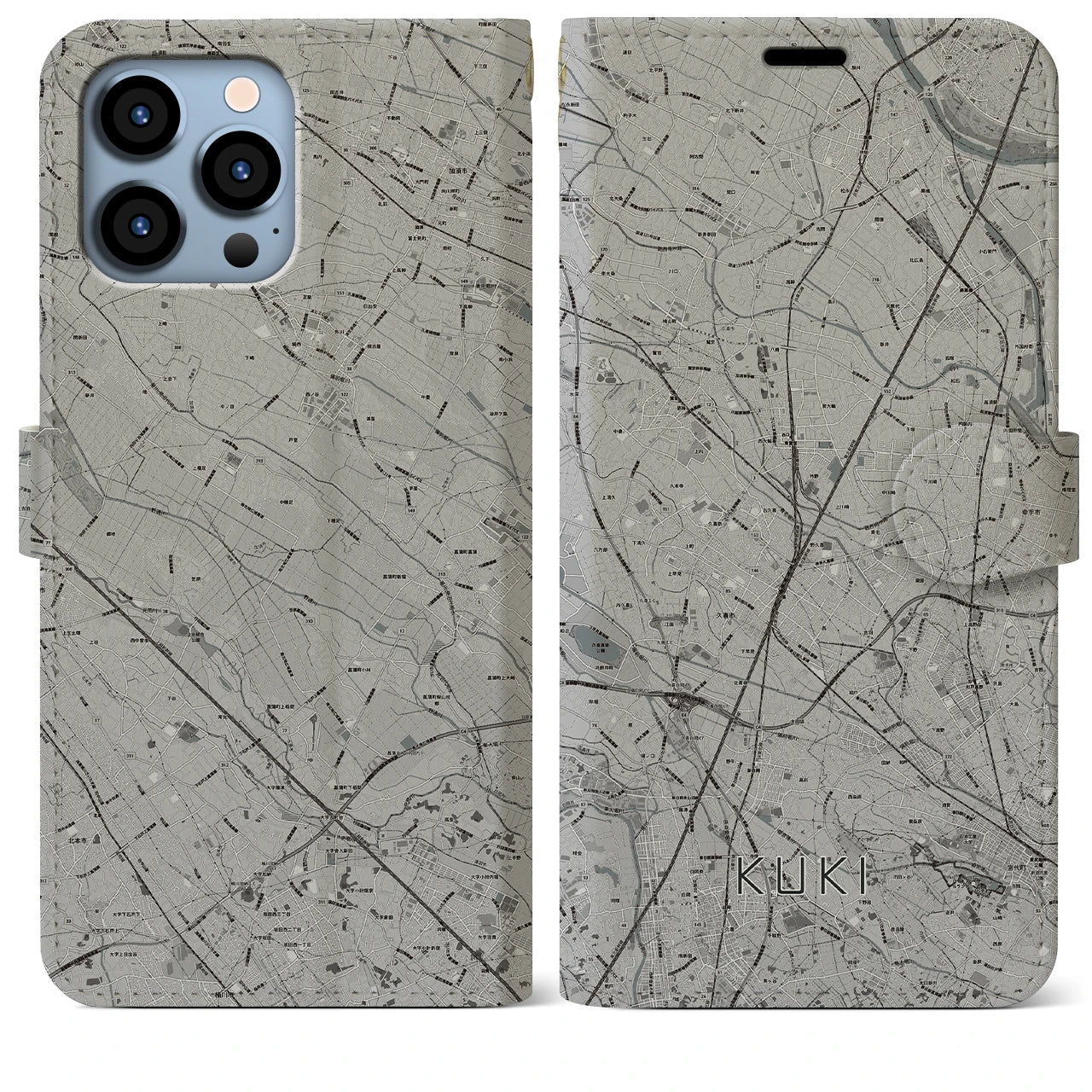 【久喜(埼玉県)】地図柄iPhoneケース(手帳タイプ)モノトーン・iPhone 13 Pro Max 用