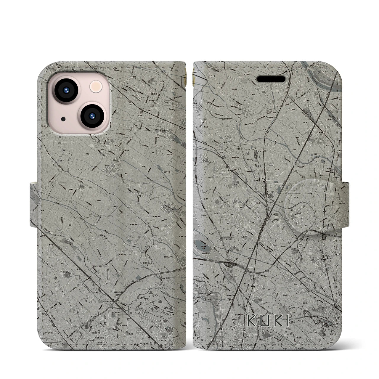 【久喜(埼玉県)】地図柄iPhoneケース(手帳タイプ)モノトーン・iPhone 13 mini 用
