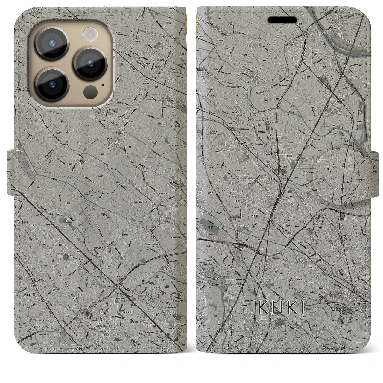 【久喜(埼玉県)】地図柄iPhoneケース(手帳タイプ)モノトーン・iPhone 14 Pro Max 用