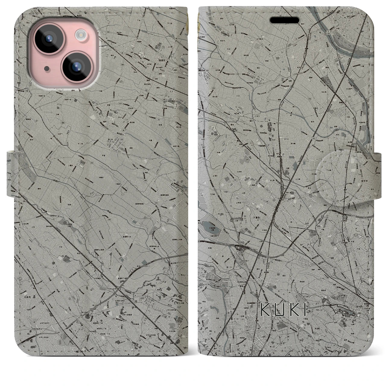 【久喜(埼玉県)】地図柄iPhoneケース(手帳タイプ)モノトーン・iPhone 15 Plus 用