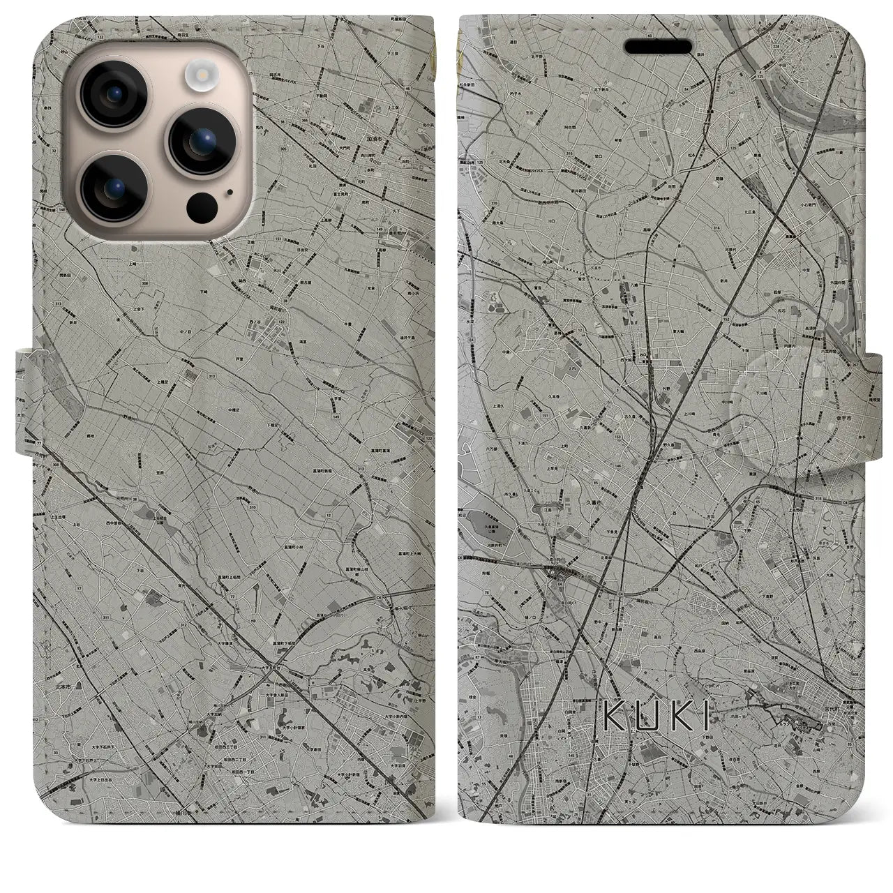 【久喜(埼玉県)】地図柄iPhoneケース(手帳タイプ)モノトーン・iPhone 16 Plus 用