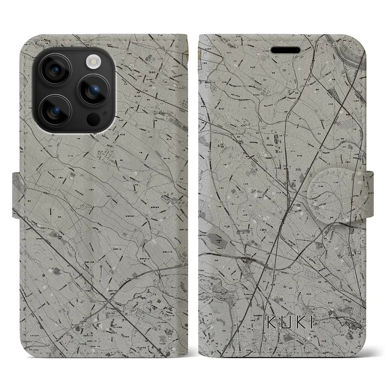【久喜(埼玉県)】地図柄iPhoneケース(手帳タイプ)モノトーン・iPhone 16 用
