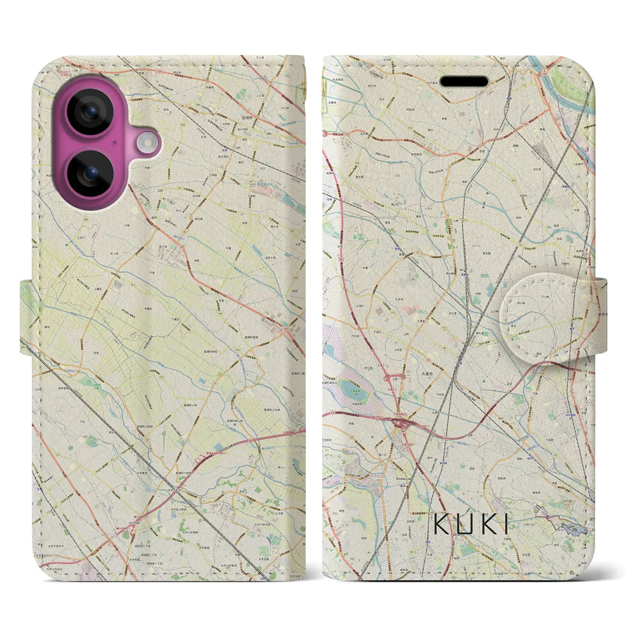 【久喜(埼玉県)】地図柄iPhoneケース(手帳タイプ)ナチュラル・iPhone 16 Pro 用