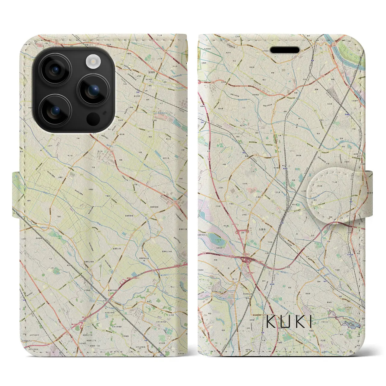 【久喜(埼玉県)】地図柄iPhoneケース(手帳タイプ)ナチュラル・iPhone 16 用