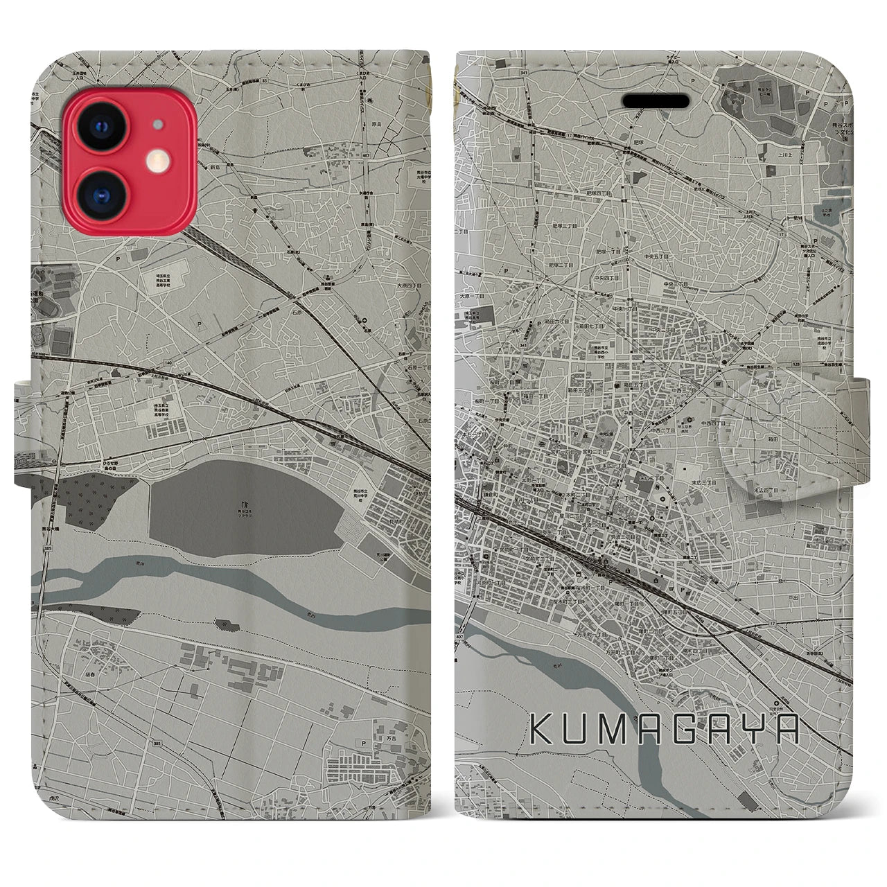 【熊谷(埼玉県)】地図柄iPhoneケース(手帳タイプ)モノトーン・iPhone 11 用