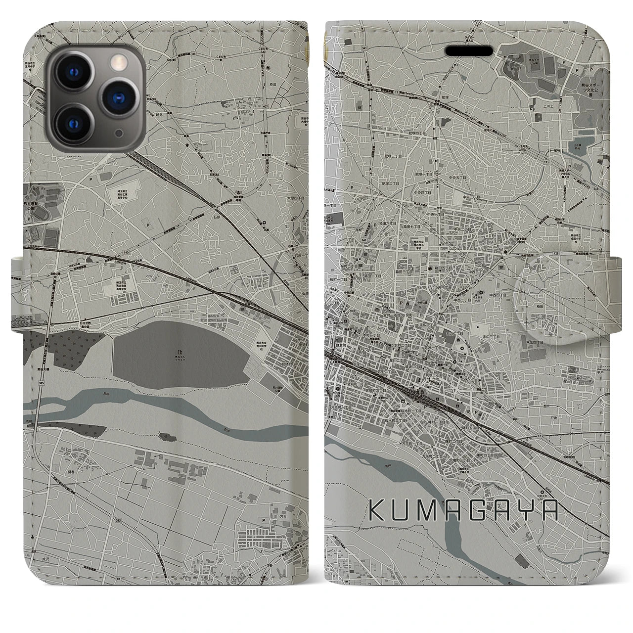 【熊谷(埼玉県)】地図柄iPhoneケース(手帳タイプ)モノトーン・iPhone 11 Pro Max 用