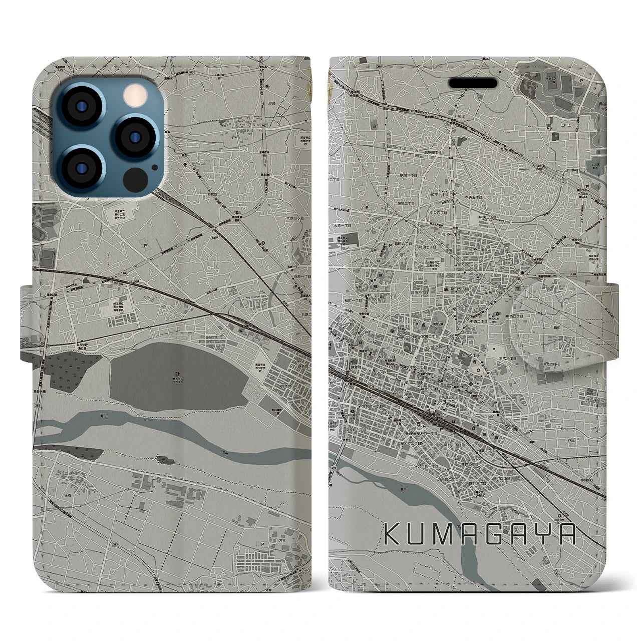 【熊谷(埼玉県)】地図柄iPhoneケース(手帳タイプ)モノトーン・iPhone 12 / 12 Pro 用
