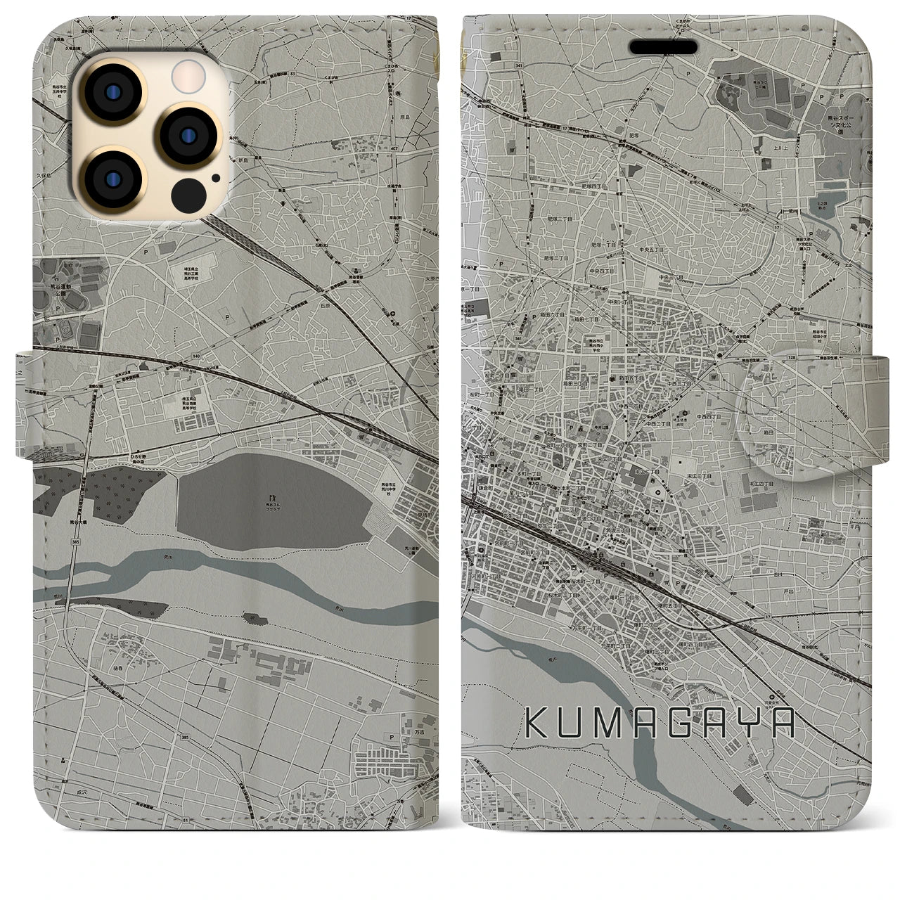 【熊谷(埼玉県)】地図柄iPhoneケース(手帳タイプ)モノトーン・iPhone 12 Pro Max 用