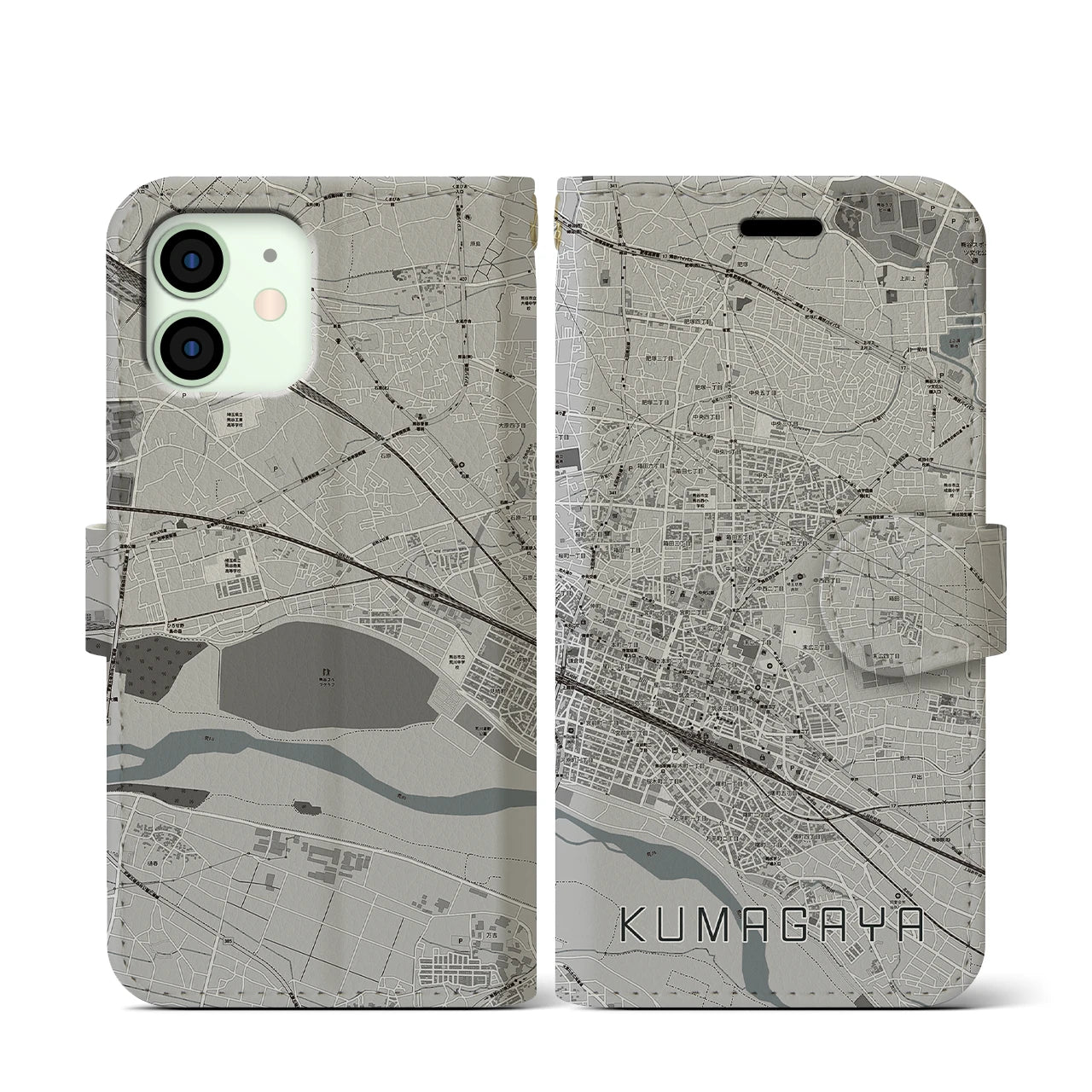 【熊谷(埼玉県)】地図柄iPhoneケース(手帳タイプ)モノトーン・iPhone 12 mini 用