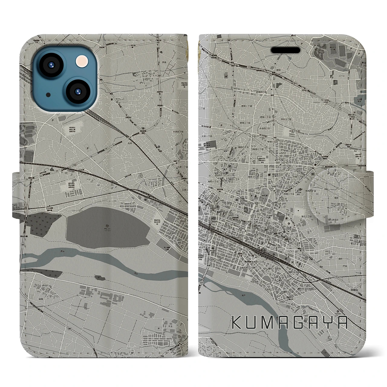 【熊谷(埼玉県)】地図柄iPhoneケース(手帳タイプ)モノトーン・iPhone 13 用