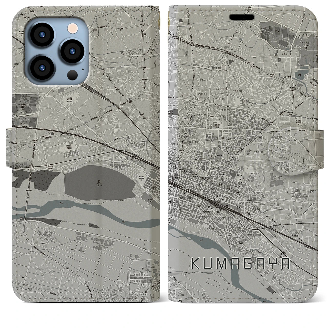 【熊谷(埼玉県)】地図柄iPhoneケース(手帳タイプ)モノトーン・iPhone 13 Pro Max 用