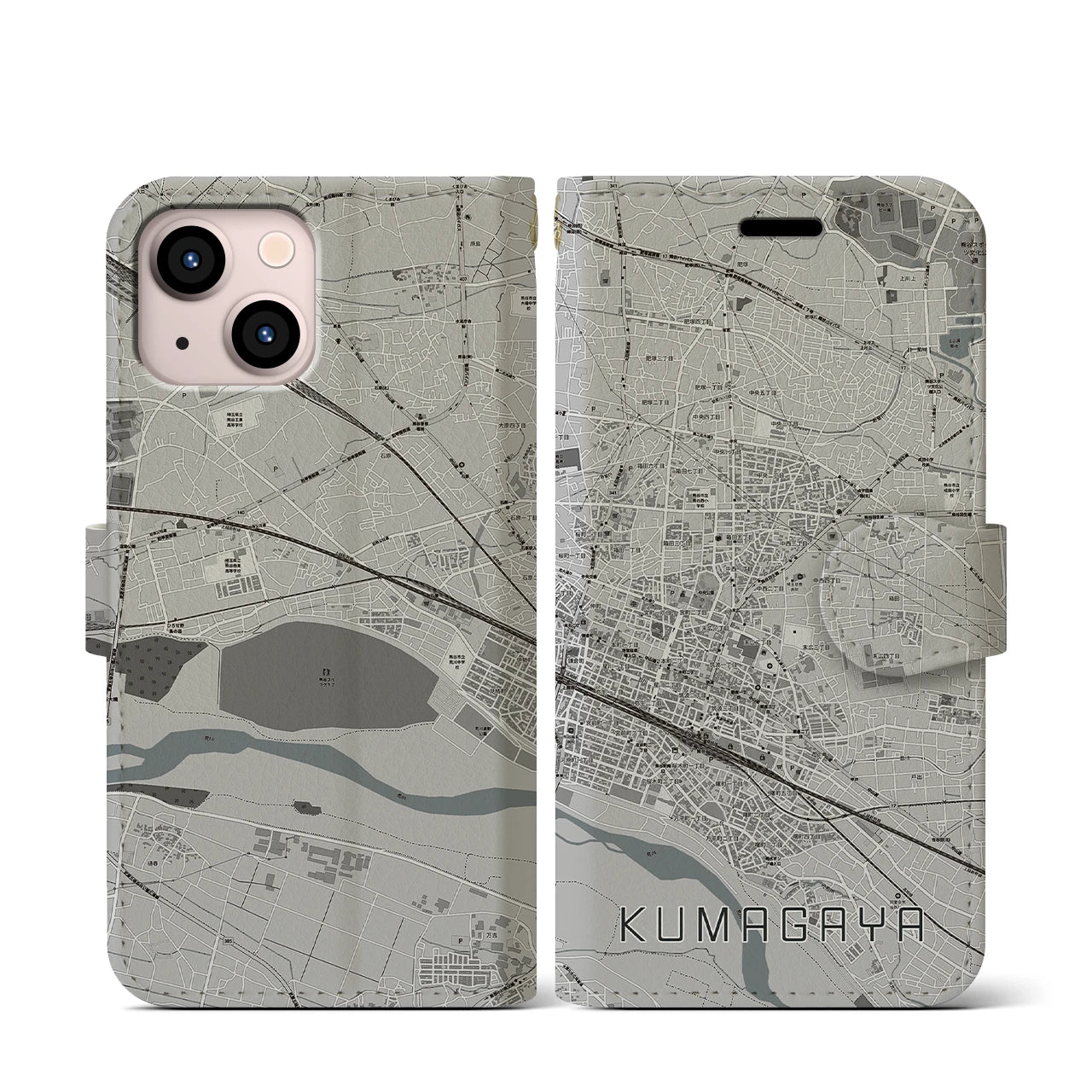 【熊谷(埼玉県)】地図柄iPhoneケース(手帳タイプ)モノトーン・iPhone 13 mini 用