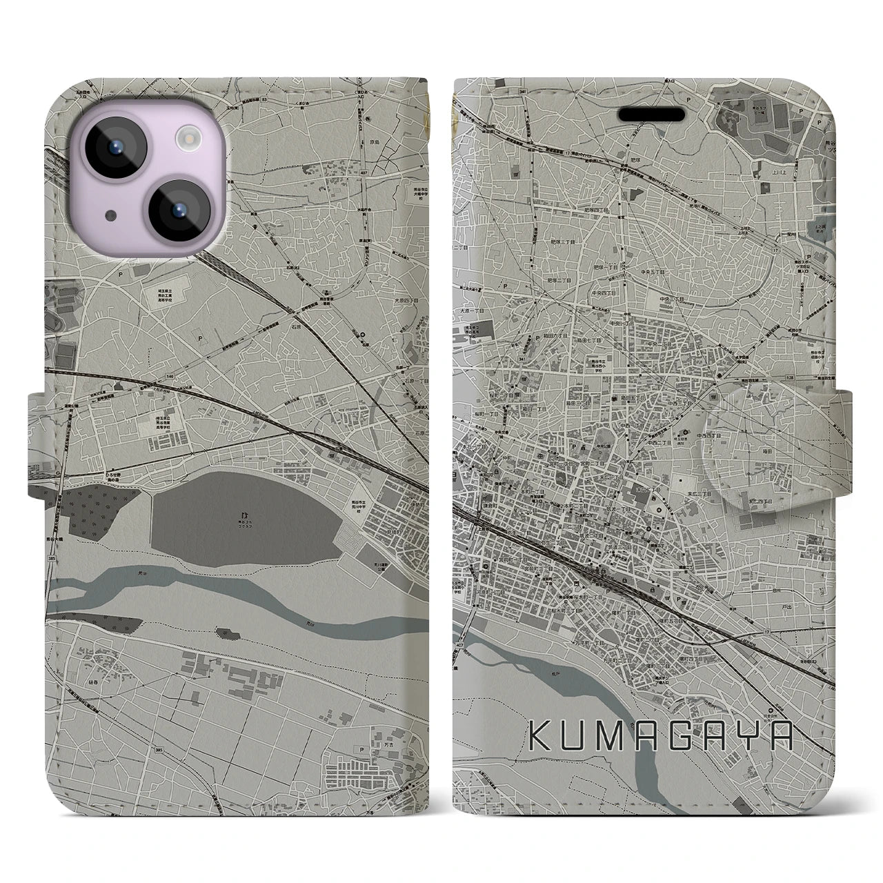 【熊谷(埼玉県)】地図柄iPhoneケース(手帳タイプ)モノトーン・iPhone 14 用