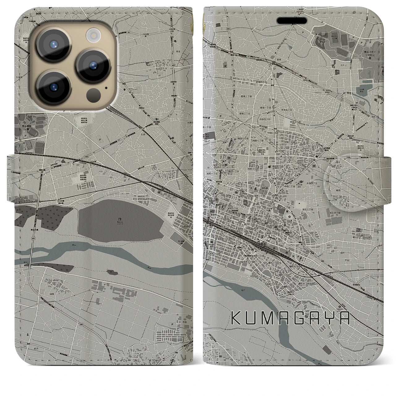 【熊谷(埼玉県)】地図柄iPhoneケース(手帳タイプ)モノトーン・iPhone 14 Pro Max 用