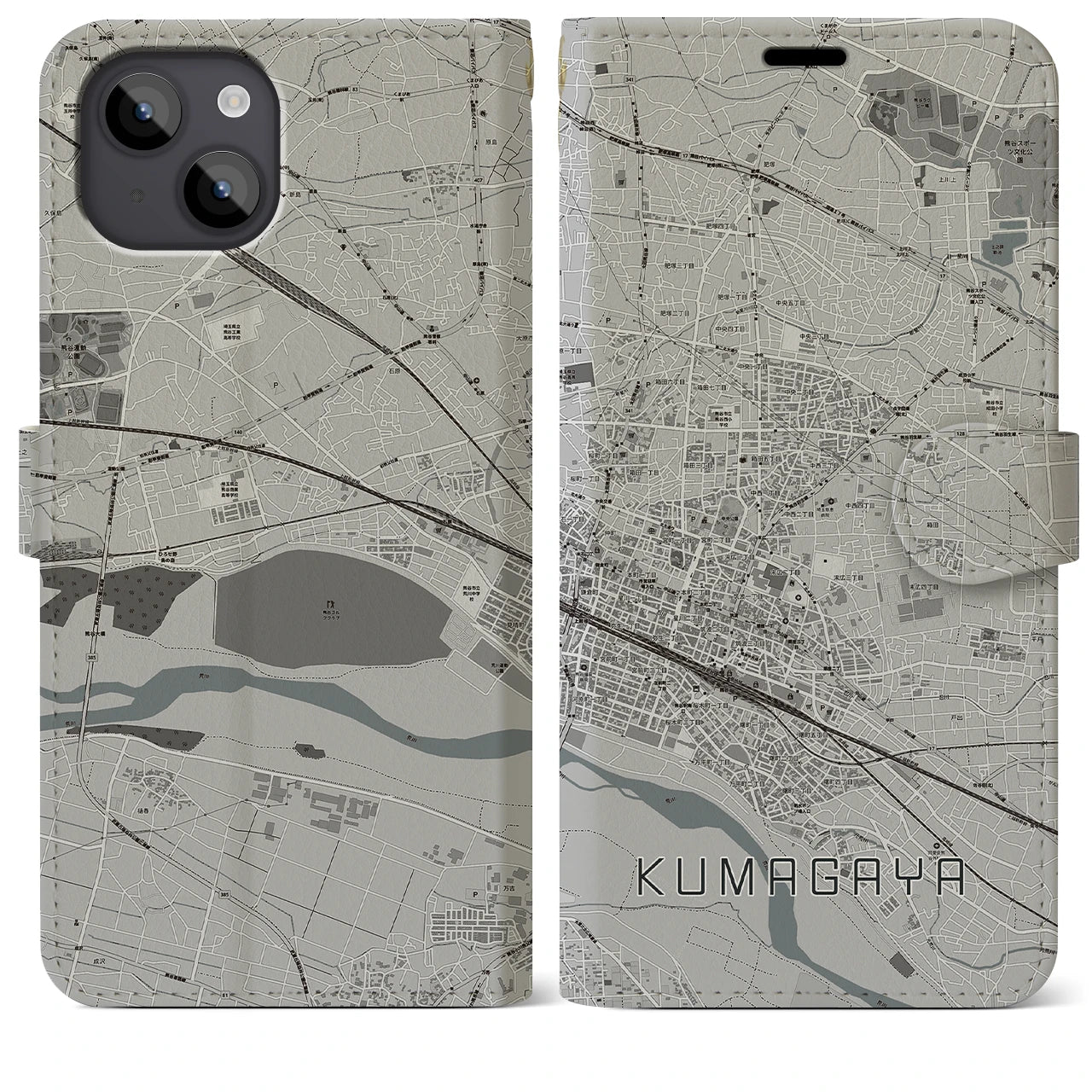 【熊谷(埼玉県)】地図柄iPhoneケース(手帳タイプ)モノトーン・iPhone 14 Plus 用