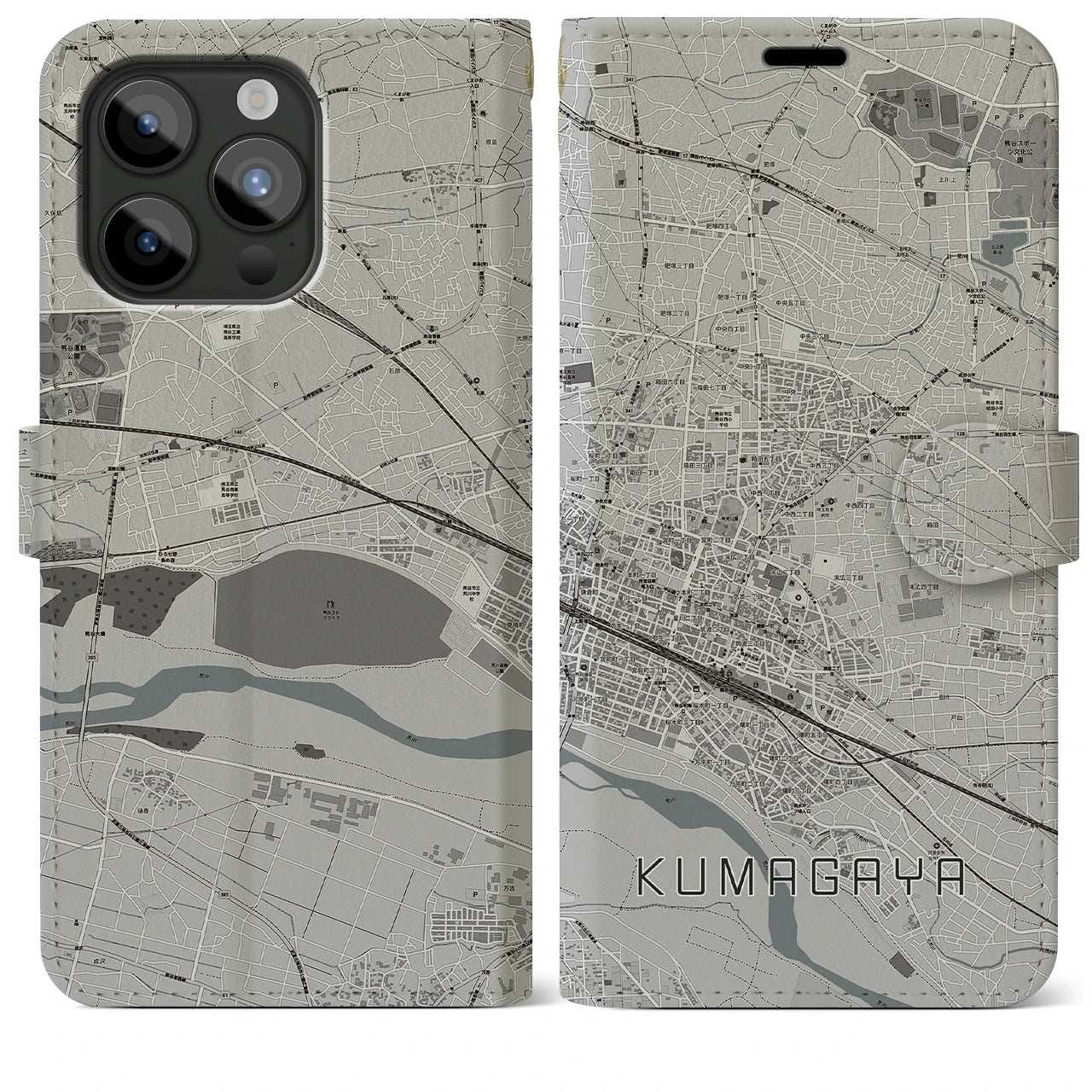 【熊谷(埼玉県)】地図柄iPhoneケース(手帳タイプ)モノトーン・iPhone 15 Pro Max 用