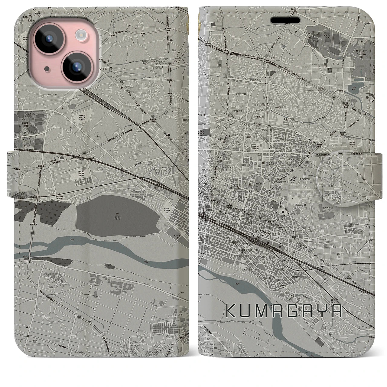 【熊谷(埼玉県)】地図柄iPhoneケース(手帳タイプ)モノトーン・iPhone 15 Plus 用