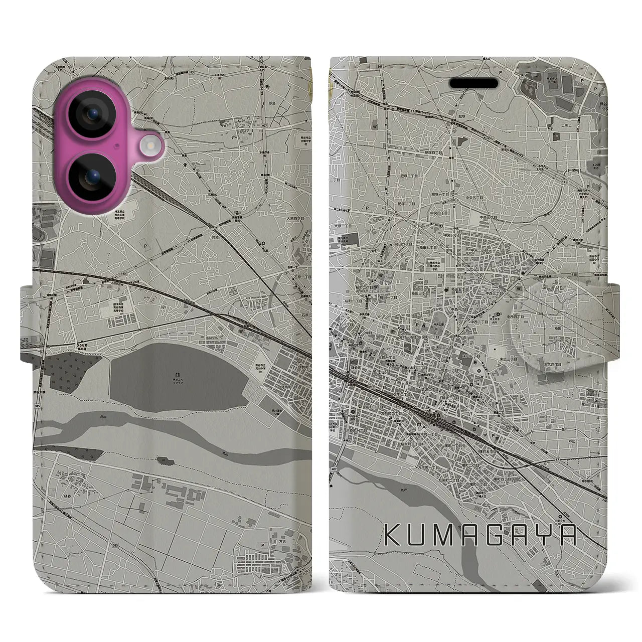 【熊谷(埼玉県)】地図柄iPhoneケース(手帳タイプ)モノトーン・iPhone 16 Pro 用