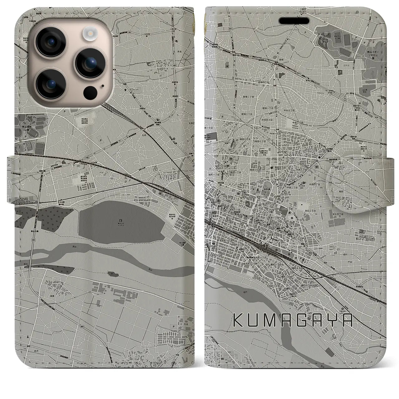 【熊谷(埼玉県)】地図柄iPhoneケース(手帳タイプ)モノトーン・iPhone 16 Plus 用