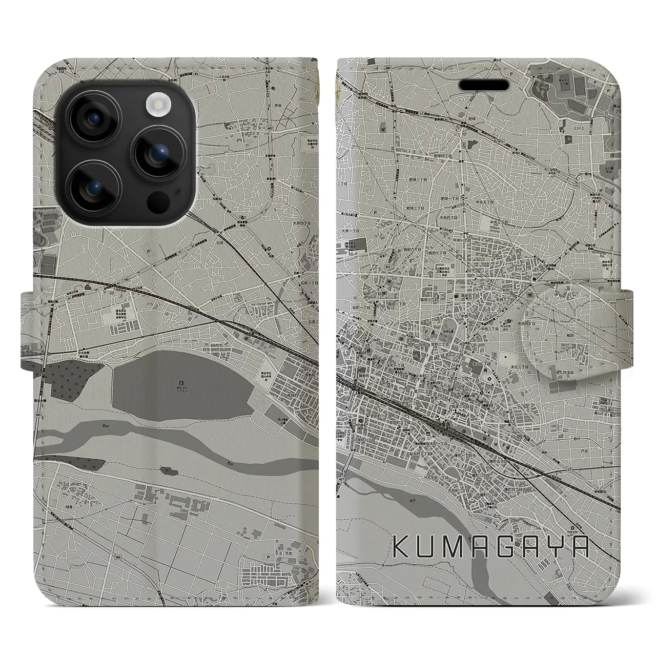 【熊谷(埼玉県)】地図柄iPhoneケース(手帳タイプ)モノトーン・iPhone 16 用