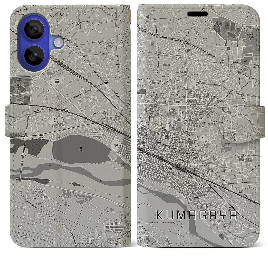 【熊谷(埼玉県)】地図柄iPhoneケース(手帳タイプ)モノトーン・iPhone 16 Pro Max 用