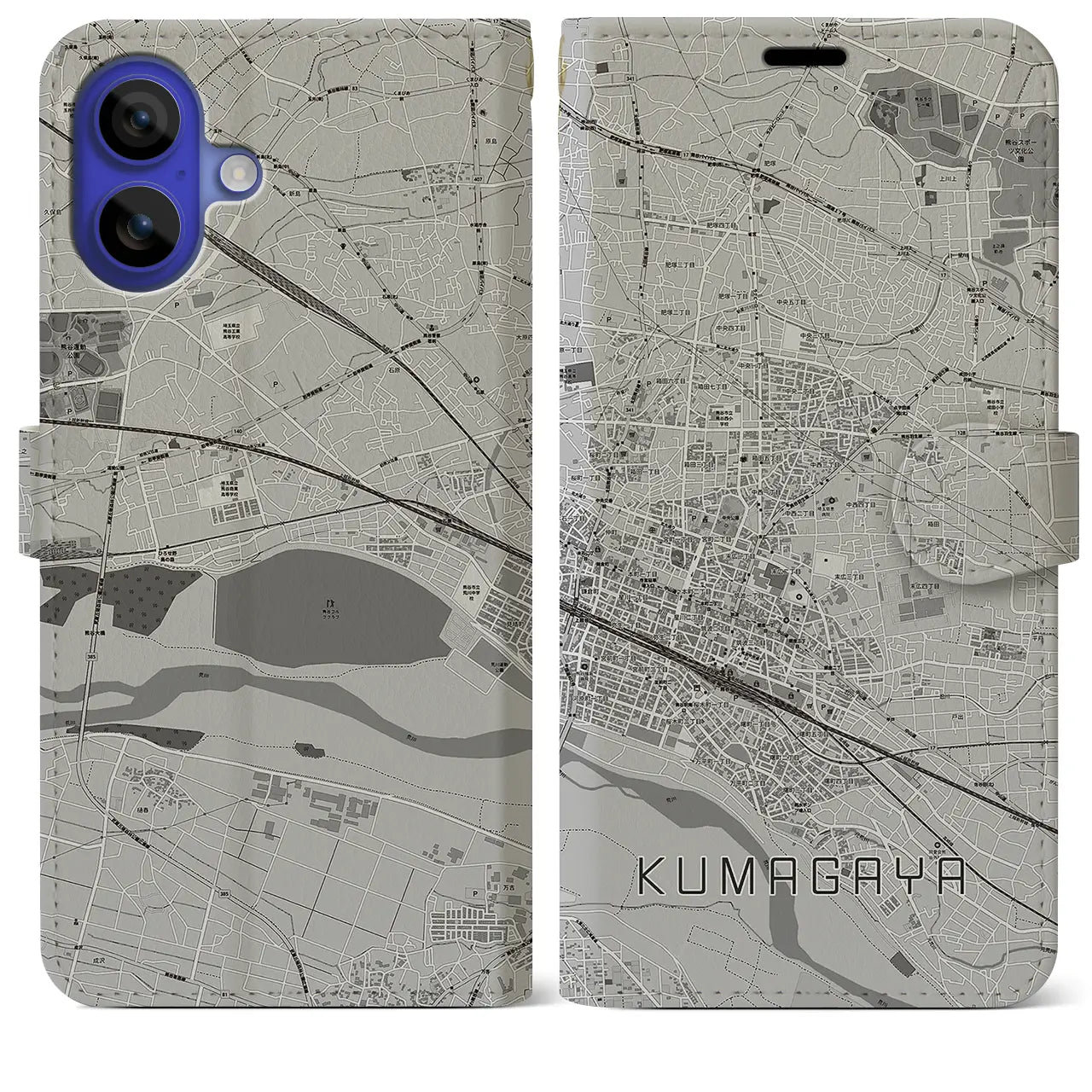【熊谷(埼玉県)】地図柄iPhoneケース(手帳タイプ)モノトーン・iPhone 16 Pro Max 用
