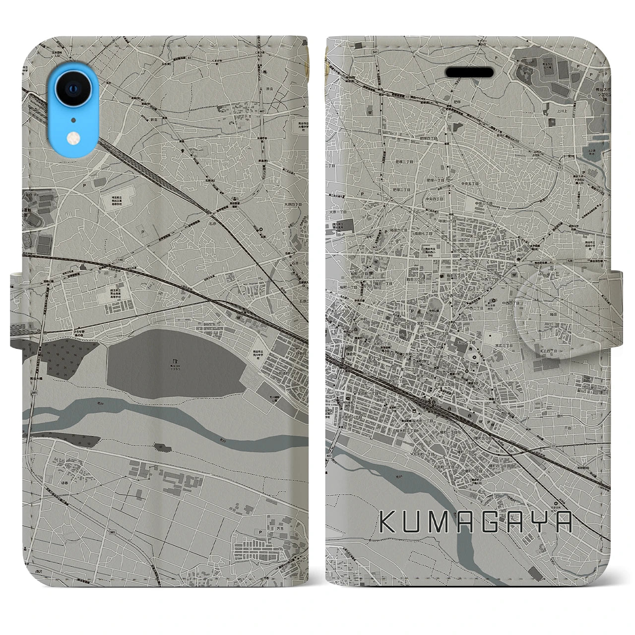 【熊谷(埼玉県)】地図柄iPhoneケース(手帳タイプ)モノトーン・iPhone XR 用