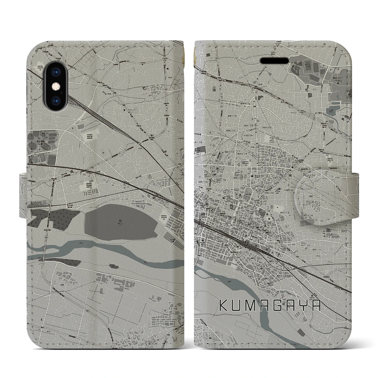 【熊谷(埼玉県)】地図柄iPhoneケース(手帳タイプ)モノトーン・iPhone XS / X 用